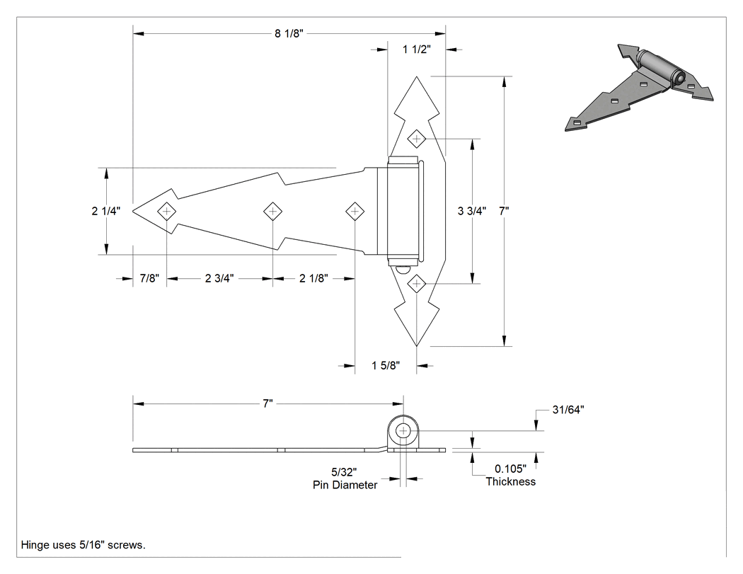 Teknik Çizim - Yaylı Menteşeler, 2-1/4" x 7" Kapı Kanadı