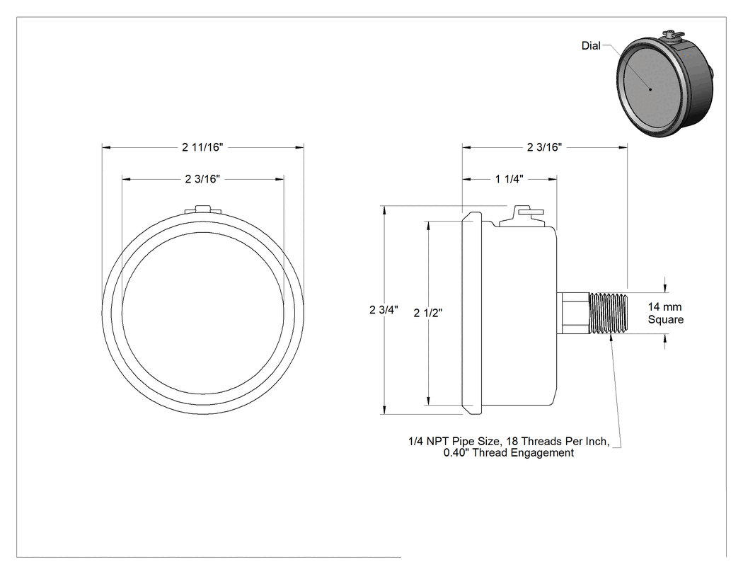 Teknik Çizim - Çift Ölçekli Titreşim ve Paslanma ve Aşınmaya Dayanıklı Ölçer, Bileşik, Sertifikalı, 2.5" Kadran, Orta Arka Bağlantı, 0-30 PSI