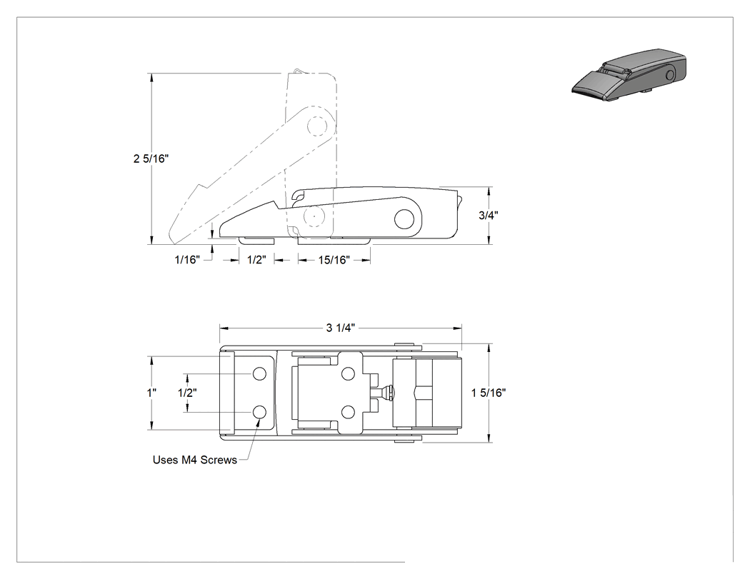 Teknik Çizim - Sıkı Tutuşlu Çekme Mandalı, Emniyet Mandallı, 304 Paslanmaz Çelik, 3-1/4" Uzunluk x 1-5/16" Genişlik