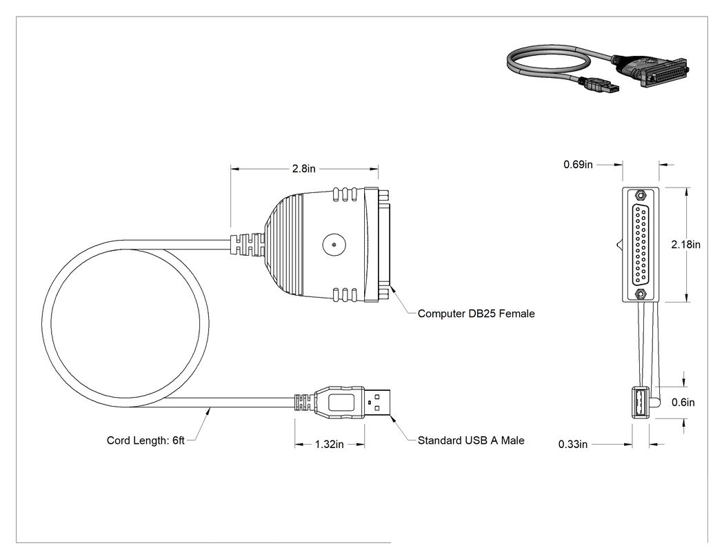 Teknik Çizim - USB Adaptörü, USB A Fişi x DB25 Soketi, 6 Fit Uzunlukta Kablo
