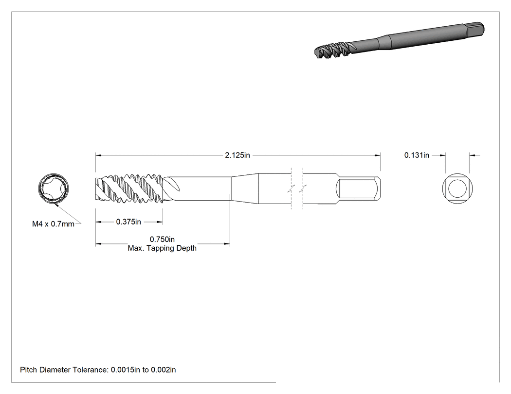 Teknik Çizim - Çelik ve Paslanmaz Çelik için Kılavuz, 3 Yivli Kapalı Uçlu Delik Dişi, M4 x 0.7 mm Diş