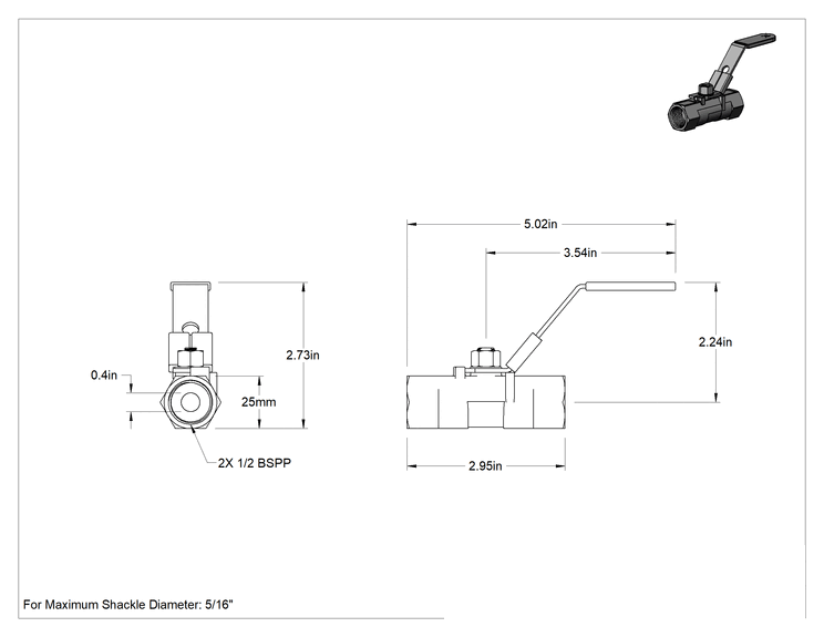 Teknik Çizim - 316 Paslanmaz Çelik Açma/Kapama Vanası, Kilitlenebilir Kol Saplı, 1/2 BSPP Dişi