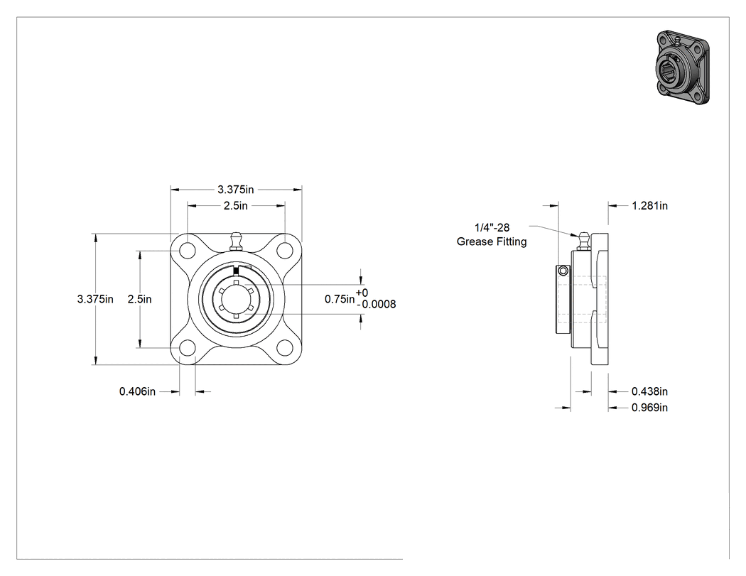 Teknik Çizim - 4 Cıvatalı Flanşlı Gıda ve İçecek Bilyalı Rulman, Montajlı, 316 Paslanmaz Çelik Muhafaza, Kelepçeli, 3/4" Mil Çapı için