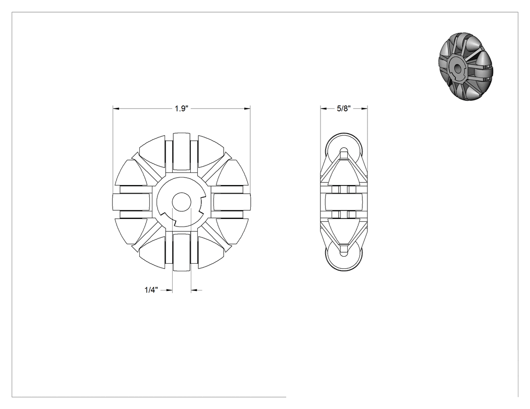 Teknik Çizim - Asetal Çok Yönlü Paten Tekerleği, 1.9" Çaplı Tekerlekli Düz Delikli, 1/4" Aks Çapı için