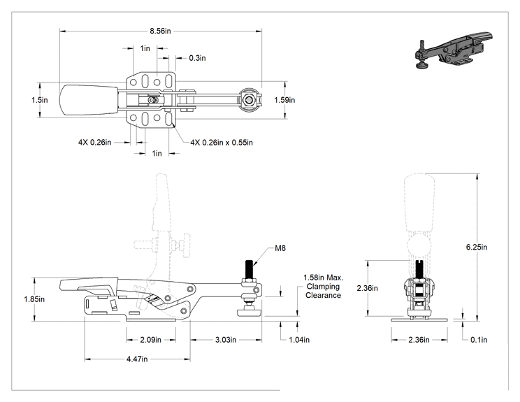 Teknik Çizim - Otomatik Ayarlı Sabitleme Mandalı, 700 lbs. Tutma Kapasitesi, 1-9/16" Maksimum Kelepçe Açıklığı