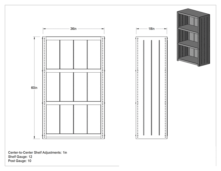 Teknik Çizim - Brute Raf Sistemi, 4 Raflı Kapalı, 36" Genişlik x 60" Yükseklik x 18" Derinlik