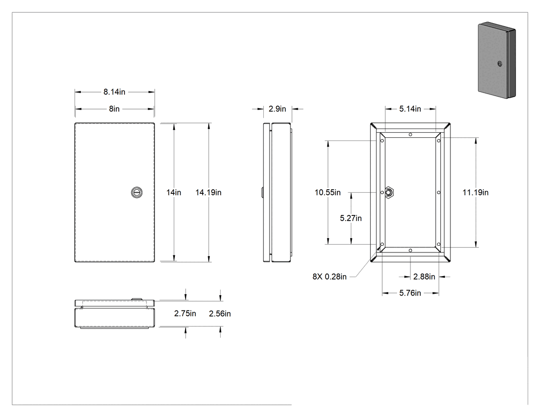 Teknik Çizim - Muhafazalar için HMI Kapağı, Yivli Mandal Kapatma, Çelik, 14-3/16" Yükseklik x 8-1/8" Genişlik