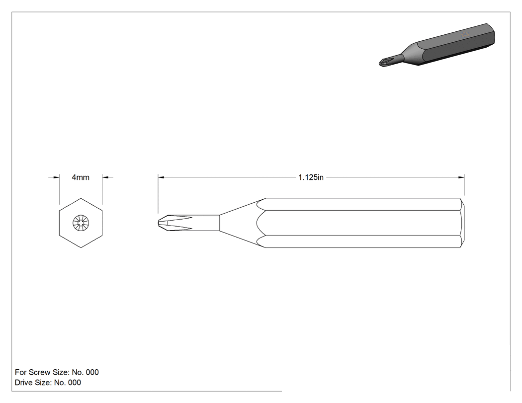 Teknik Çizim - 000 Numaralı Phillips Uç, 4 mm Altıgen Şaft