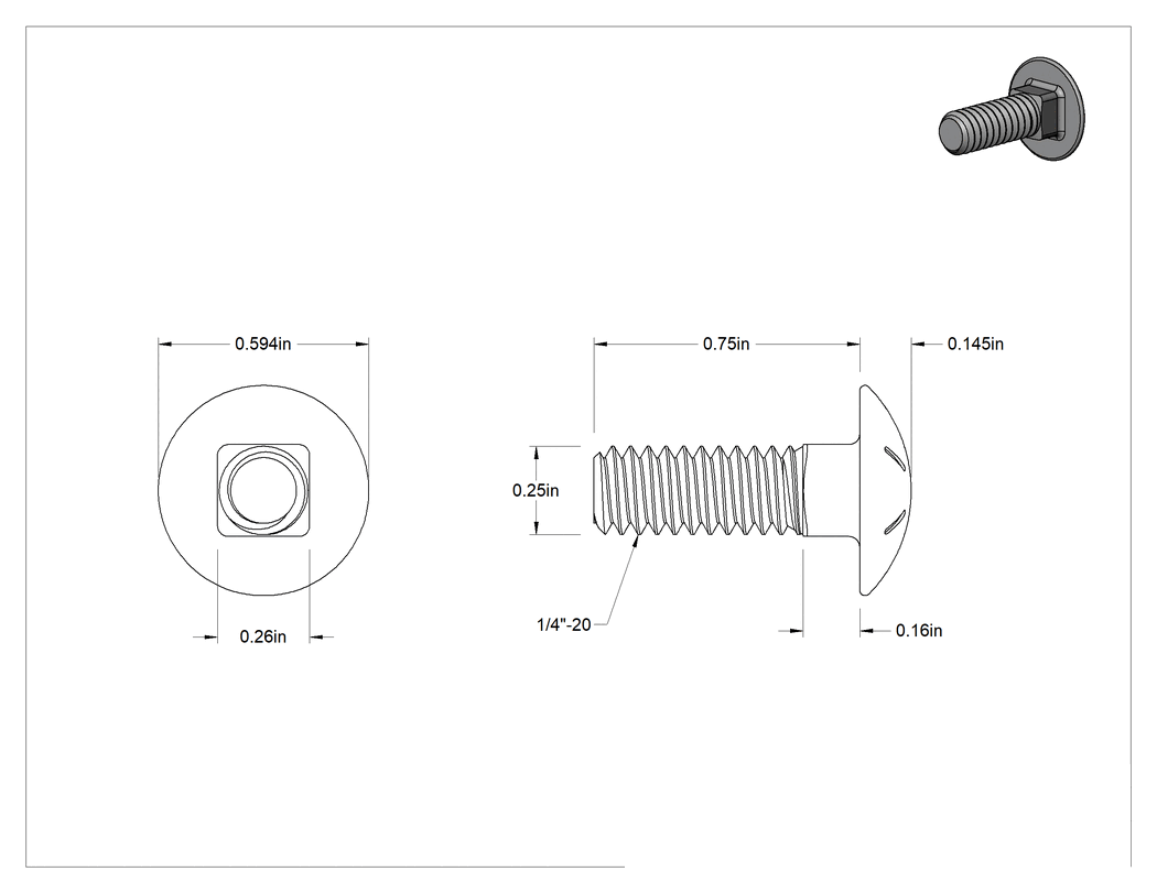 Teknik Çizim - Yüksek Mukavemetli 8. Sınıf Çelik Kare Boyunlu Taşıma Cıvatası, 1/4"-20 Diş Boyutu, 3/4" Uzunluk