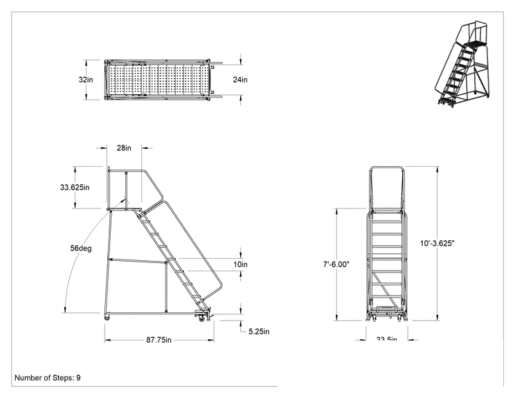 Teknik Çizim - Yuvarlanan Delikli Platform Merdiveni, Montajlanmamış, 9 Basamak, 7 ft 6 inç Yükseklik x 28 inç Derinlikli Platform