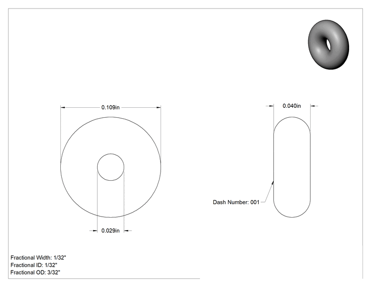 Teknik Çizim - Yüksek Sıcaklık Parker S1138 Silikon O-Ringler, Parker S1138, 1/32 Kesirli Genişlik, Dash Numarası 001