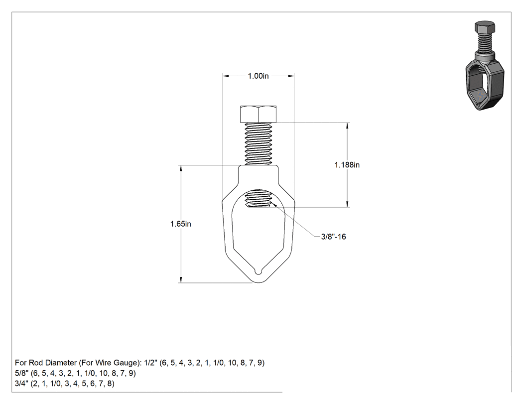 Teknik Çizim - Topraklama Çubuğu Kelepçesi, Tek Somun, 1/2" için, 5/8" ve 3/4" Çubuk Çapı, Bronz