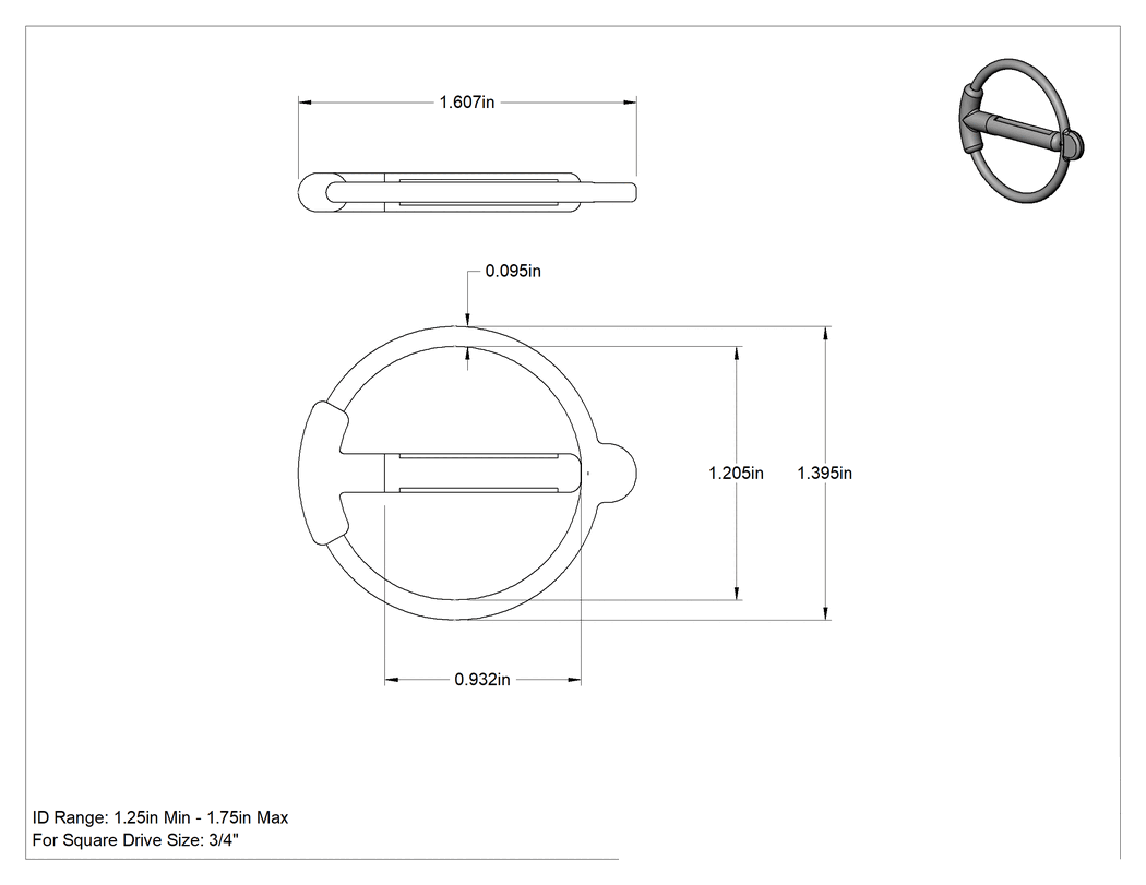 Teknik Çizim - Gerilerek Takılan Tek Parçalı Soket Segman, 3/4" Kare Tahrik için, 1-1/4" ila 1-3/4" İç Çap