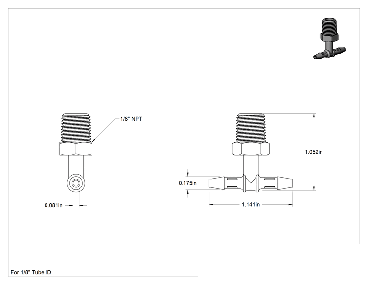 Teknik Çizim - Gıda ve İçecek için Süper Akışlı Tırnaklı Bağlantı Elemanı, 1/8" İç Çaplı Boru x 1/8 NPT Erkek için Plastik T