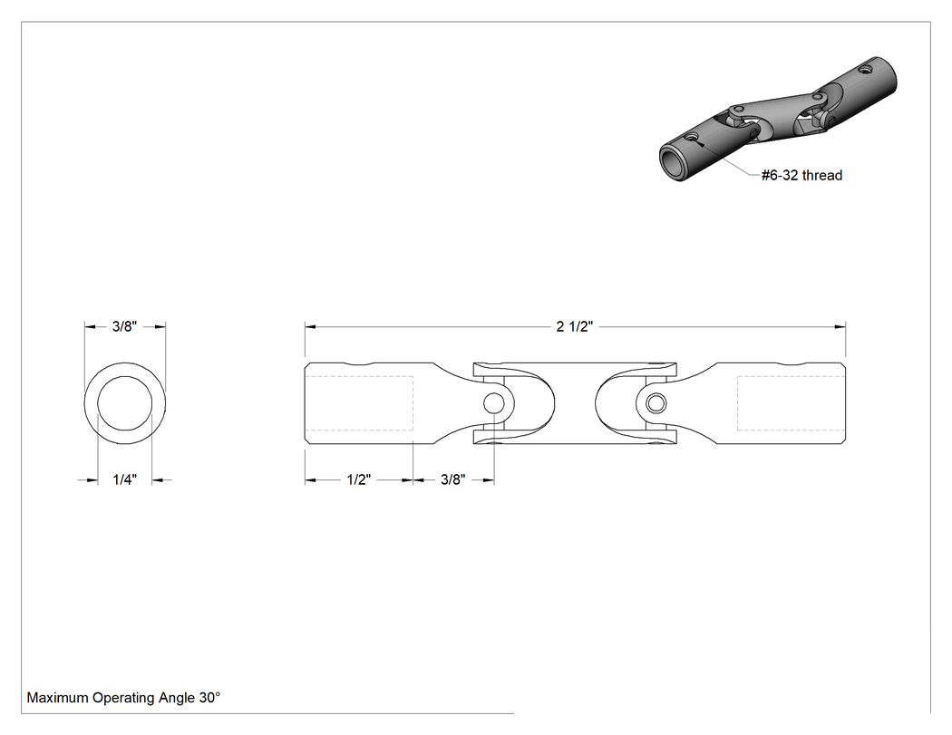 Teknik Çizim - Hassas Çift U-Mafsal, 1/4" Çap x 1/2" Derinlikli Mil