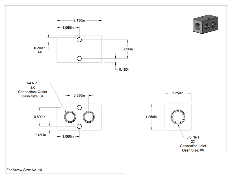 Teknik Çizim - Nikel Kaplı Alüminyum Dik Açılı Akış Manifoldu, Bir tarafta 2 çıkışlı, 3/8 NPT x 1/4 NPT