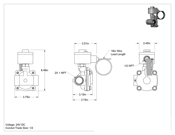 Teknik Çizim - Premium Solenoid Açma/Kapama Valfi, Normalde Açık, 24V DC, 1 NPT Dişi, Düşme Destekli