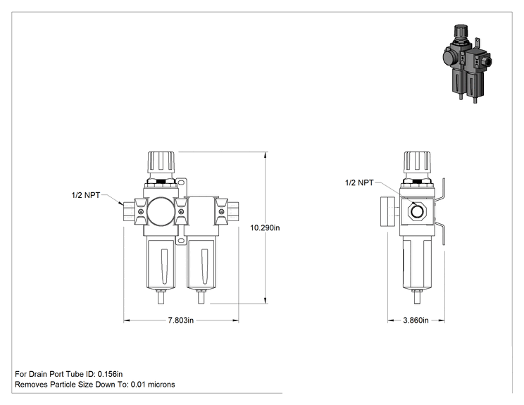 Teknik Çizim - Modüler Basınçlı Hava Filtresi/Regülatörü, Yağ ve Parçacıklar için, Parker P32C Serisi, 1/2 NPT Dişi