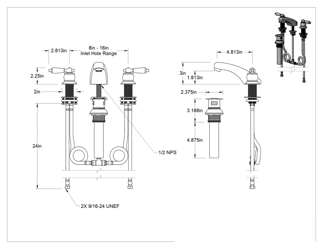 Teknik Çizim - Çift 1/2 NPT Alt Girişli Lavabo Bataryası, Kol Tutamakları, 1.0 gpm Akış Hızı