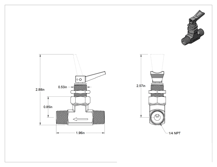 Teknik Çizim - Hızlı Etkili Panel Montajlı Açma/Kapama Vanası, Pirinç, Düz, 1/4 NPT Erkek