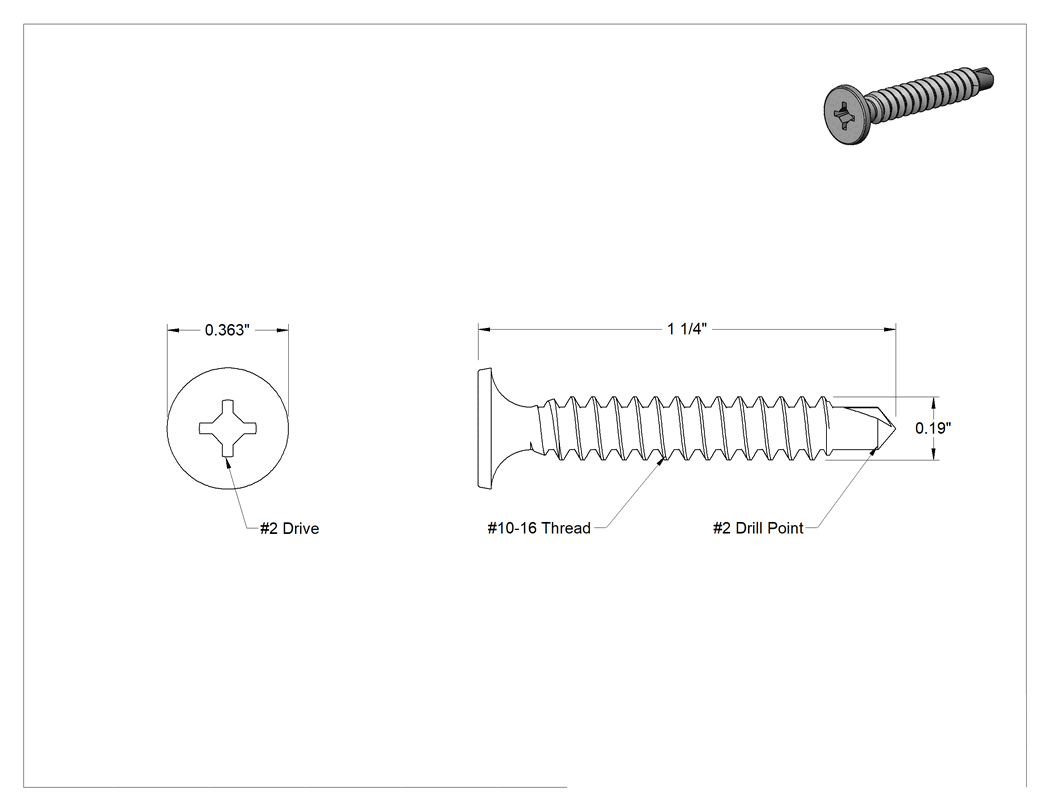 Teknik Çizim - Metal Çerçeve için Alçıpan Vida Delme, Siyah Fosfatlı Çelik, 10 Numaralı Boyut, 1-1/4" Uzunluk