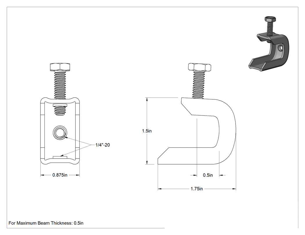 Teknik Çizim - Gijon için Kiriş Kelepçesi, Alttan Montaj, Çinko Kaplı Çelik, 1/4"-20 Çubuk Boyutu için