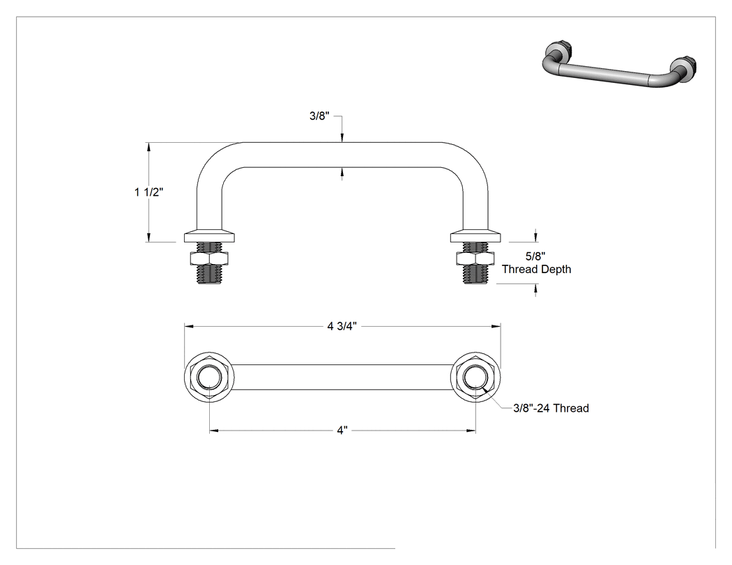 Teknik Çizim - Yuvarlak Tutma Kolu, 3/8"-24 Dişli Saplamalı, 4" Genişliğinde Merkezden Merkeze, 303 Paslanmaz Çelik
