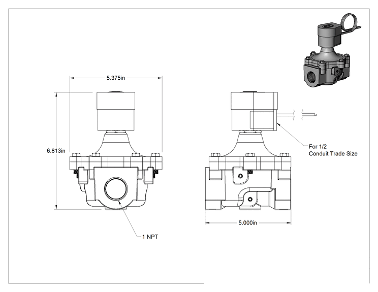 Teknik Çizim - Solenoid Açma/Kapama Vanası, Doğal Gaz ve Propan için, 240V AC, 1 Dişi NPT