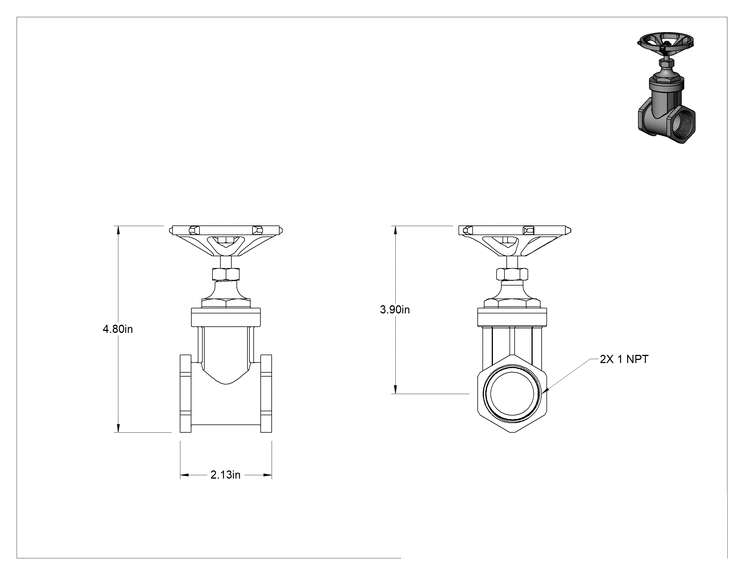 Teknik Çizim - Pirinç Gövde ve Sürgülü Kademeli Açma/Kapama Vanası, Tekerlek Kolu ve Yükselmeyen Mil, Sınıf 200, 1 NPT Dişi