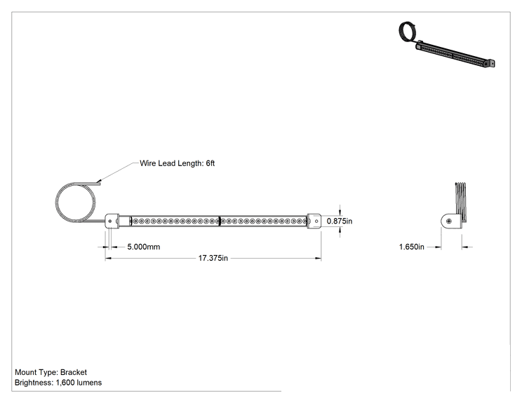 Teknik Çizim - Kompakt Şerit Makinesi Işığı, Braket Montajlı, 17-3/8" Toplam Uzunluk, 9 ila 16V DC