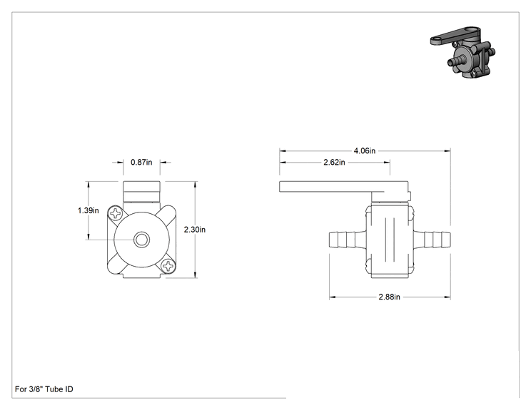 Teknik Çizim - Düz Plastik Açma/Kapama Vanası, 3/8" Boru İç Çapı için Tırnaklı Bağlantı Parçalı, Gri, Tam Bağlantı