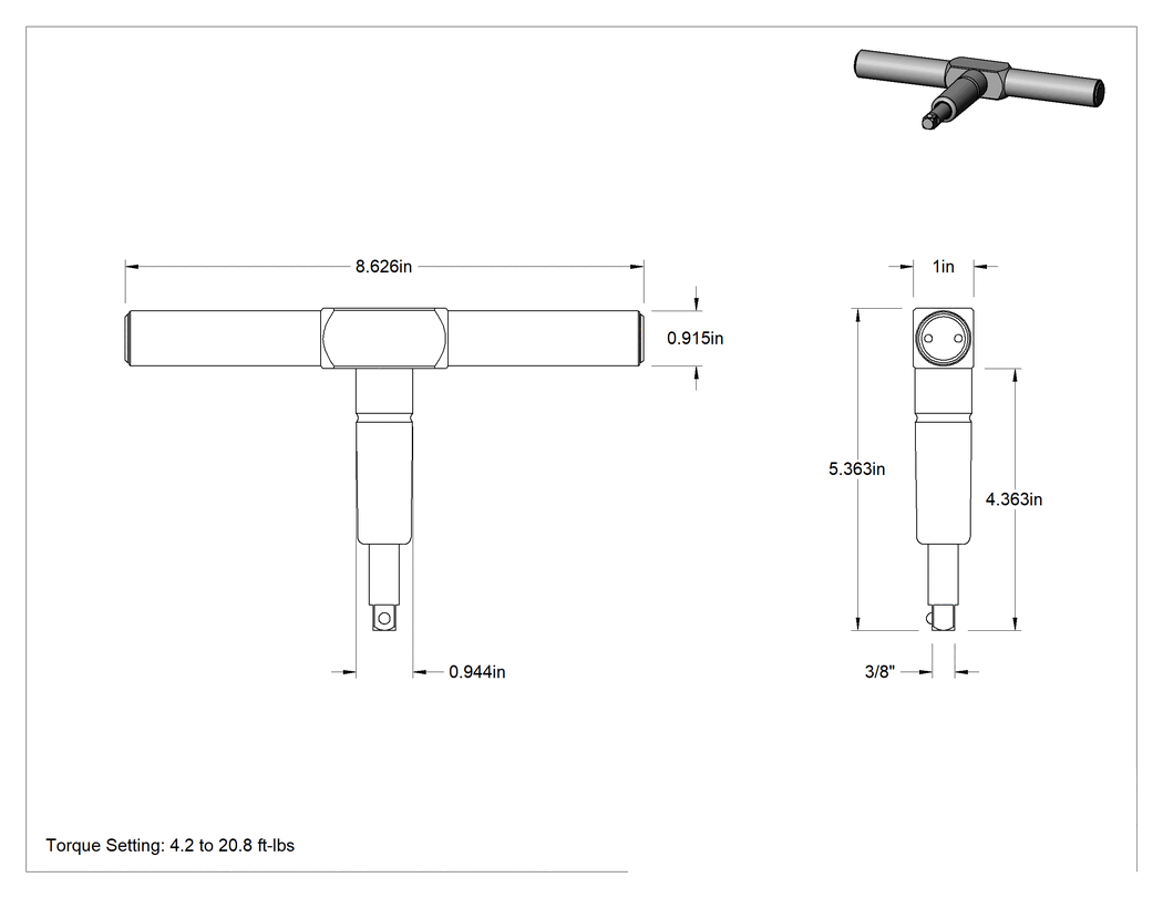 Teknik Çizim - T-Kolu Kayma Serbest Bırakmalı Fabrika Ayarlı Anahtar, ft.-lbs. Tork, Cırcırlı Olmayan, 3/8" Kare Tahrik, 5-3/8" Uzunluk