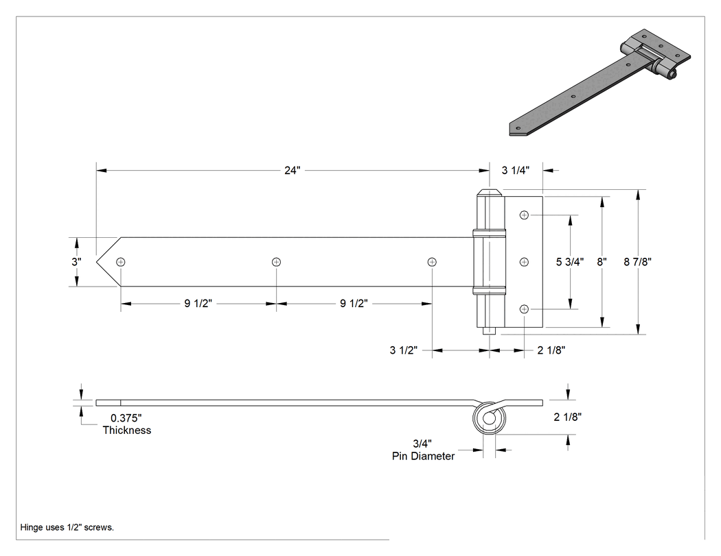 Teknik Çizim - Ağır Hizmet Tipi Kayış Menteşesi, Bej Boyalı Düşük Karbonlu Çelik, 3" x 24" Kapı Kanadı