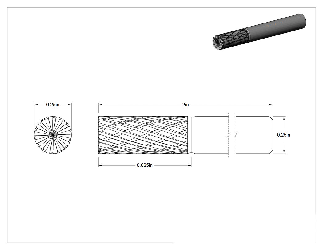 Teknik Çizim - 1/4" Çaplı Şaftlı Karbür Freze Ucu, Düz Kesici Silindir, Ticaret No. Sb-1, Çift Kesimli Diş