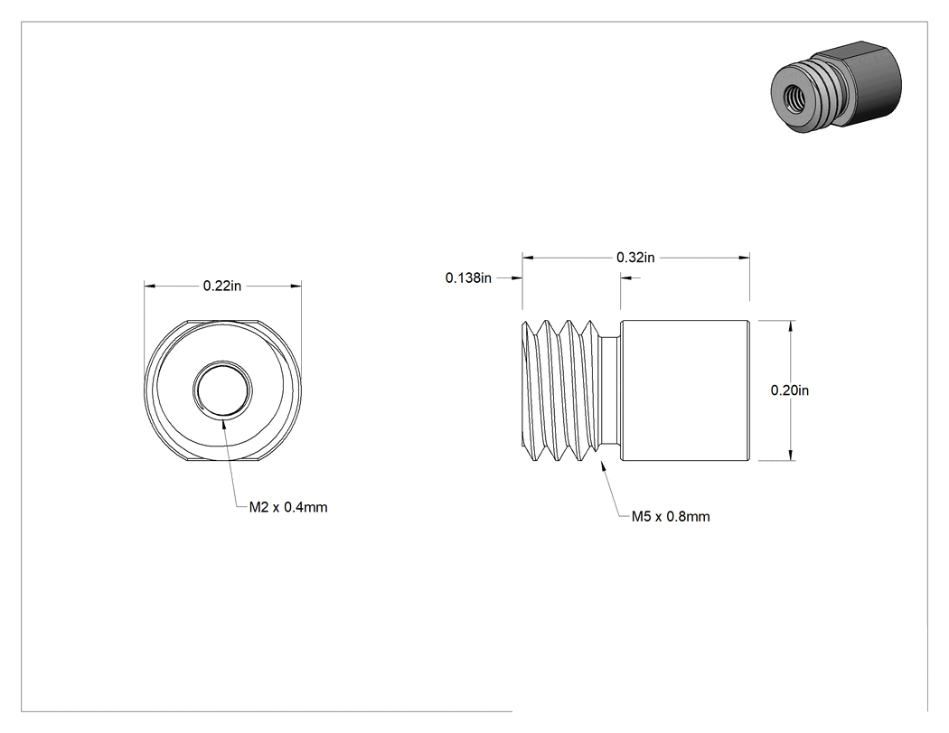 Teknik Çizim - Ultra Hassas Kılavuz Vida için M2 x 0.4 mm Dış Dişli PEEK Somun