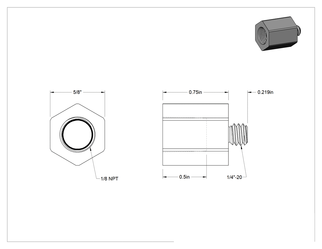 Teknik Çizim - Erkek-Dişi Altıgen Dişli Adaptör, 1/4"-20 Dişli Erkek - 1/8 NPT Dişi