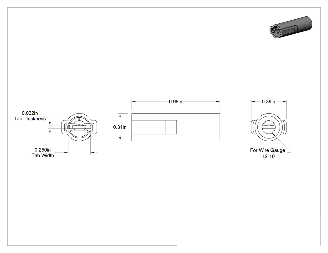 Teknik Çizim - Tam Yalıtımlı Faston Terminaller, Dişli, Tek Sıkma, 12-10 AWG için, 0.250" Tırnak Genişliği