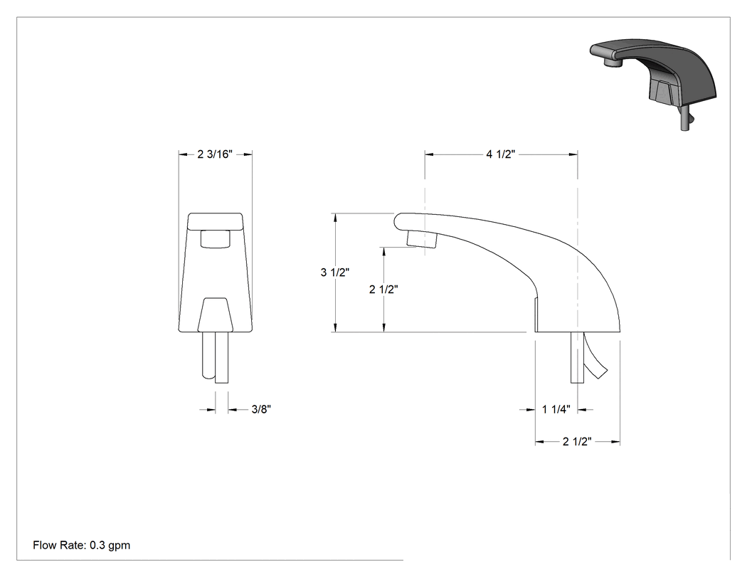 Teknik Çizim - Dokunmasız Lavabo Bataryası, Akülü, 0.3 gpm, 1 Delik için, Bluetoothlu