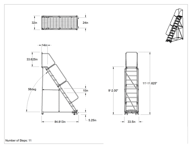 Teknik Çizim - Yuvarlanan Delikli Platform Merdiveni, Montajlanmamış, 11 Basamak, 9'2" Yükseklik x 14" Derinlik Platform