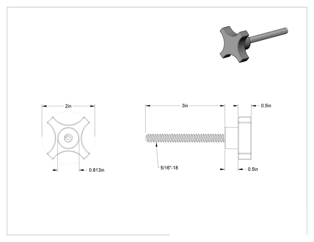 Teknik Çizim - Alüminyum dört kollu topuz, 5/16"-18 Dişli 3" Uzunlukta Saplama, 1/2" Baş Yüksekliği
