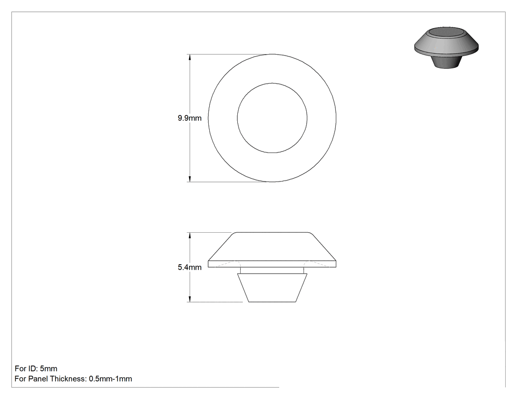 Teknik Çizim - Panel Tapaları, Polietilen, Takılabilir, 5 mm iç çap için