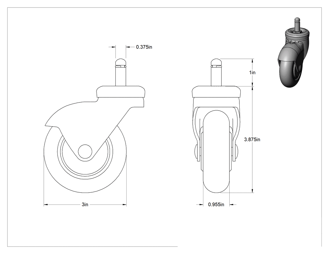 Teknik Çizim - Sürtünmeli Tutuşlu Mil Dönüşlü Tekerlek, 3/8" Çaplı Mil, Kauçuk Tekerlek, Siyah Çelik Çerçeve