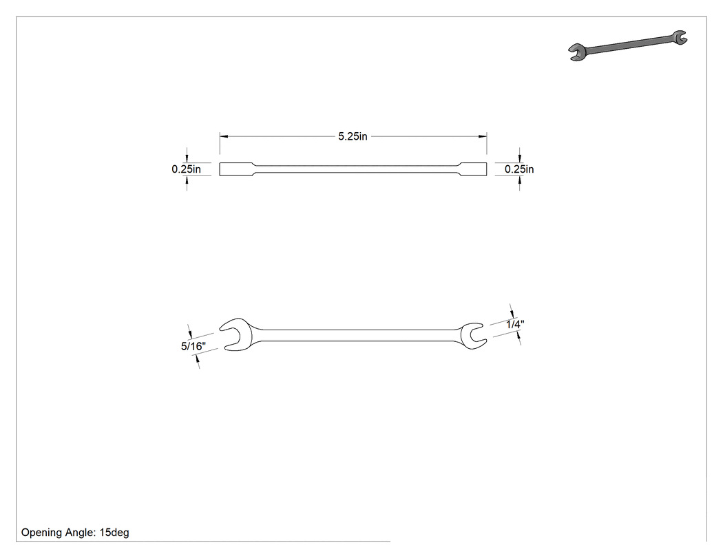 Teknik Çizim - Kıvılcım Çıkarmayan Açık Uçlu Anahtar, 1/4" x 5/16" Boyut, 5-1/4" Toplam Uzunluk