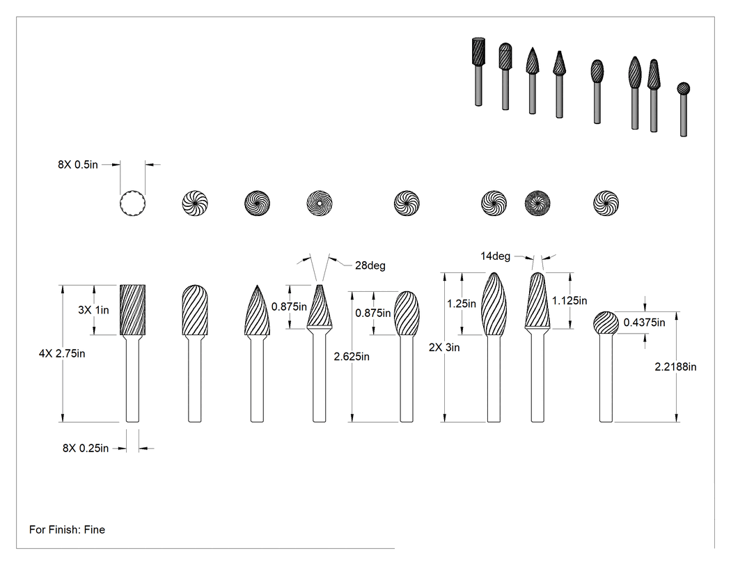 Teknik Çizim - 1/4" Çaplı Şaftlı 8 Parçalı Karbür Freze Seti, Tek Kesimli Diş, 2-3/16" ila 3" Toplam Uzunluk