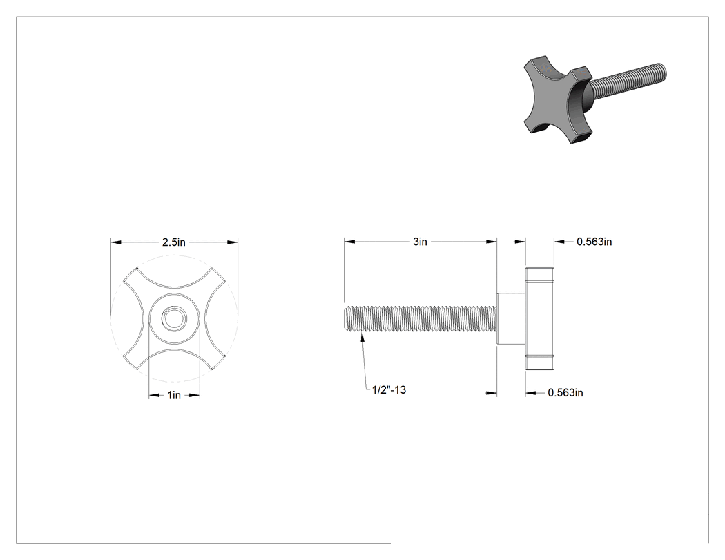 Teknik Çizim - Alüminyum dört kollu topuz, 1/2"-13 Dişli 3" Uzunlukta Saplama, 9/16" Baş Yüksekliği