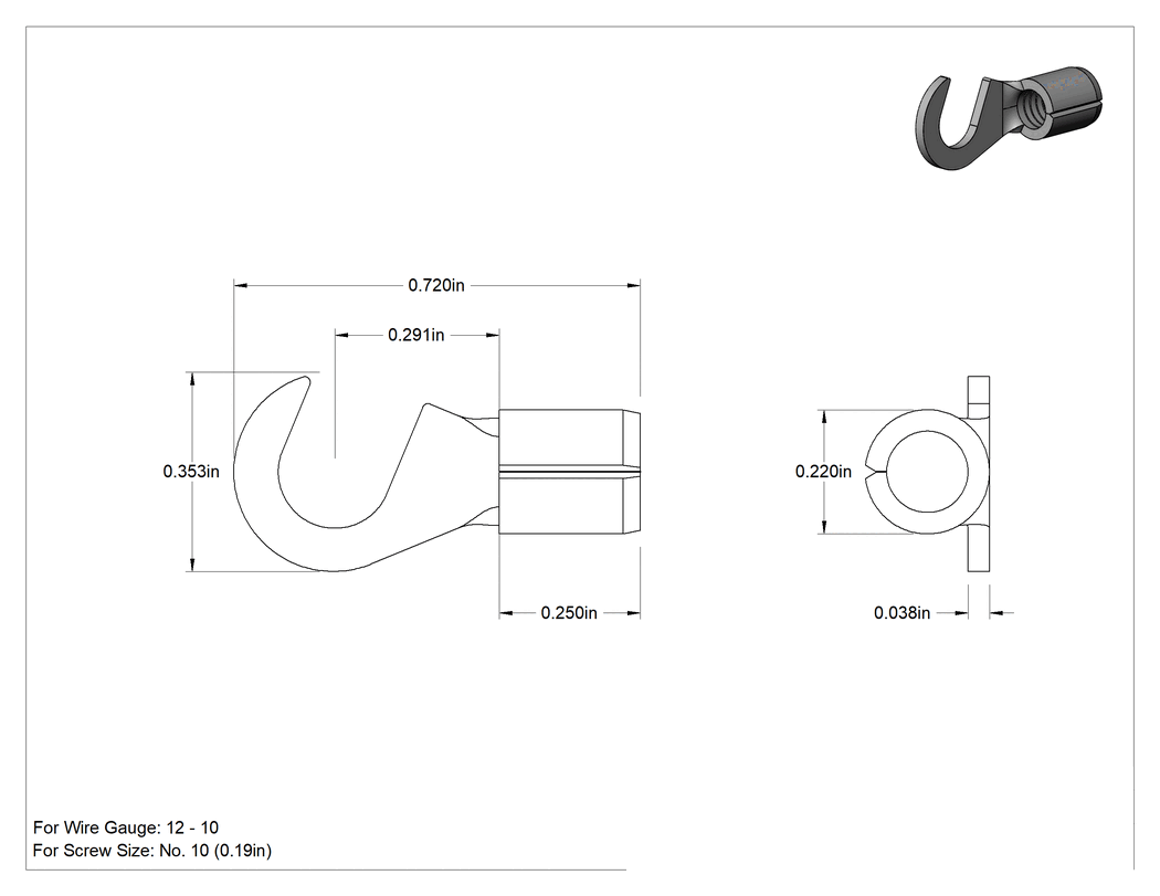 Teknik Çizim - Kanca Terminalleri, Yalıtımsız, 12-10 AWG ve 10 Numaralı Vida Boyutu için