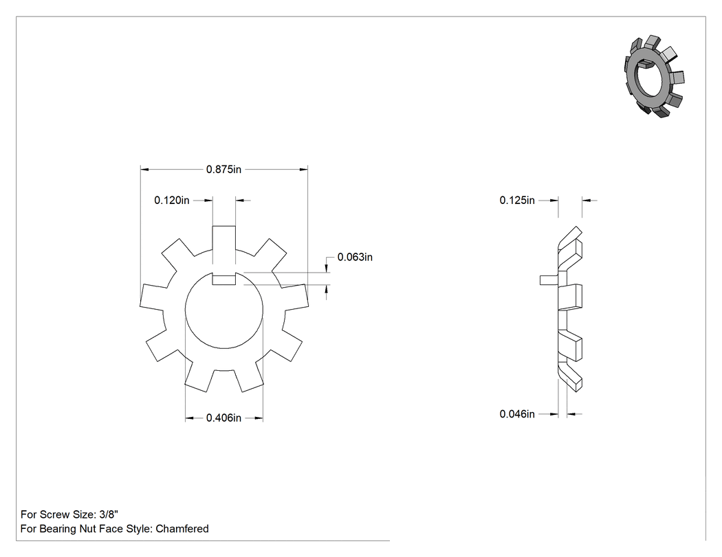 Teknik Çizim - Yivli Rulman Somunları için Yaylı Kilit Pul, Paslanmaz Çelik, 3/8" Vida Boyutu için