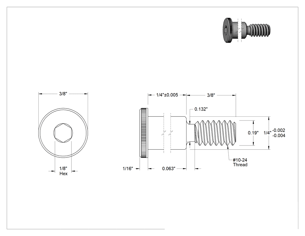 Teknik Çizim - Ultra Düşük Profilli Omuz Vidası, 1/4" Omuz Çapı, 1/4" Omuz Uzunluğu, 10-24 Diş