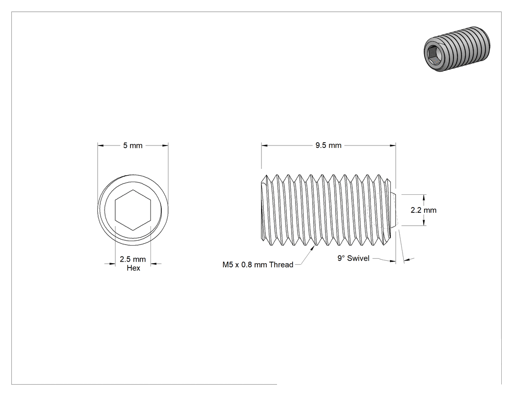 Teknik Çizim - Dar Boşluklu Döner Uçlu Setskur, Alaşımlı Çelik, M5 x 0.8 mm Diş, 9.5 mm Uzunluk