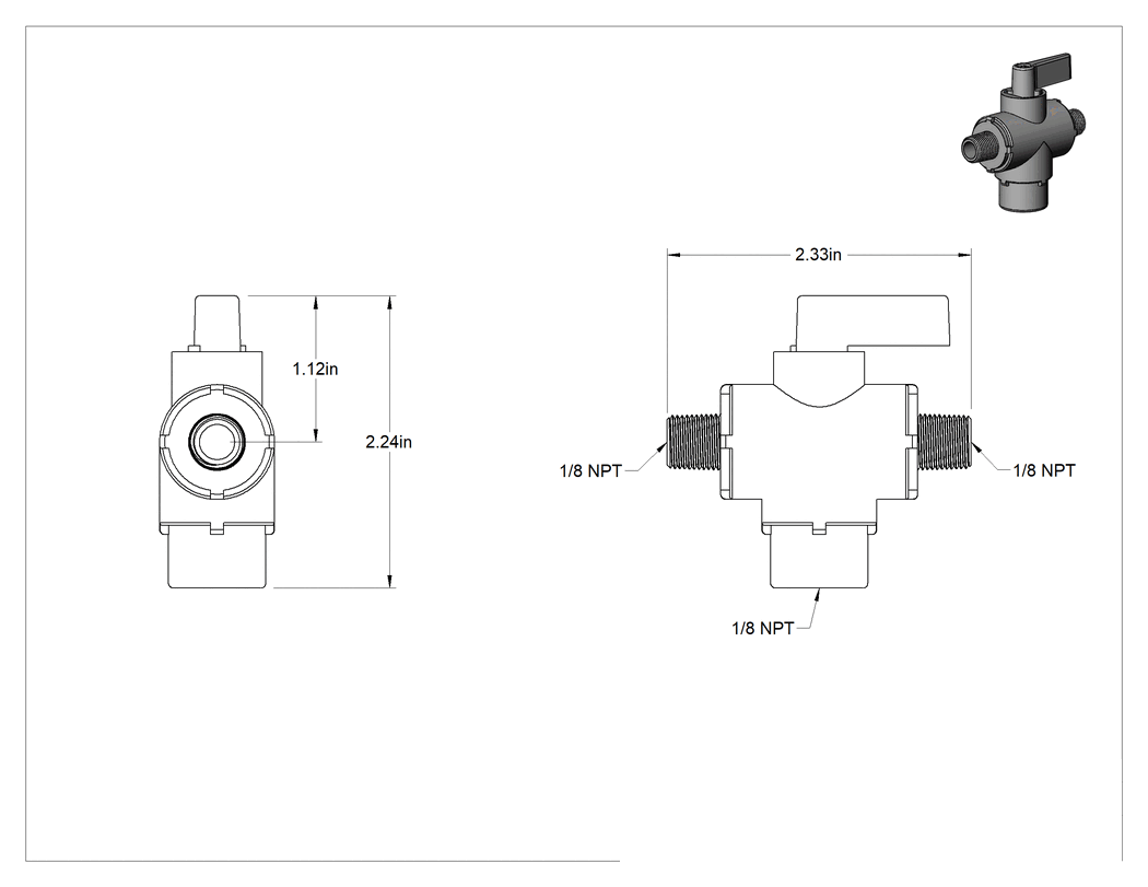 Teknik Çizim - Kompakt Plastik Dişli Yön Değiştirme Vanası, 1/8 NPT Erkek x 1/8 NPT Dişi x 1/8 NPT Erkek